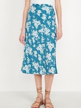 Old Navy Blue White Floral Crepe A-Line Midi Skirt Size M